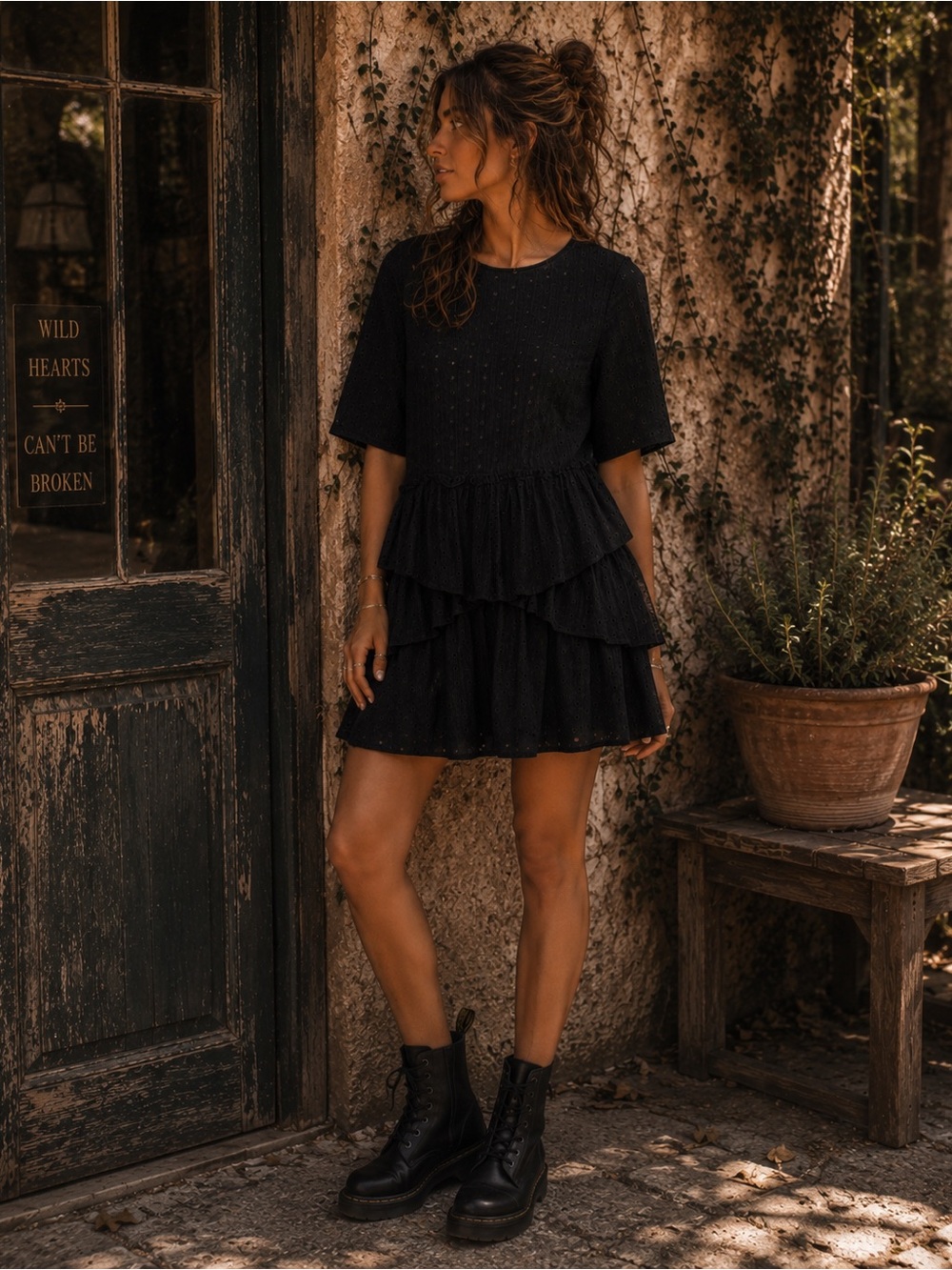 H&M Black Eyelet Ruffle Layered Dress SZ 6